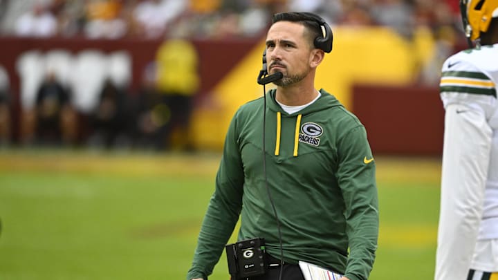 Oct 23, 2022; Landover, Maryland, USA; Green Bay Packers head coach Matt LaFleur looks on against