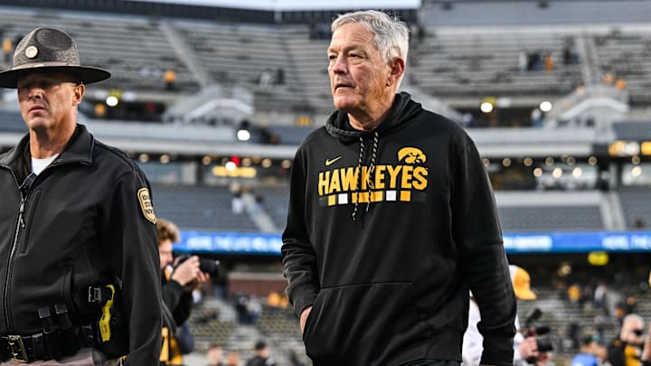 Oct 26, 2024; Iowa City, Iowa, USA; Iowa Hawkeyes head coach Kirk Ferentz walks off the field after a game against the Northwestern Wildcats at Kinnick Stadium. Mandatory Credit: Jeffrey Becker-Imagn Images