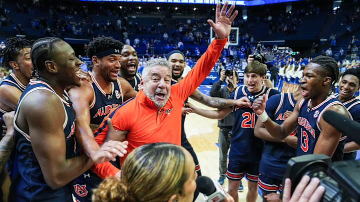 Auburn head coach Bruce Pearl and his No.1 Tigers celebrate after 94-78 win over Kentucky -- the first win at Rupp Arena since 1988 in SEC basketball Saturday afternoon in Lexington, Kentucky March 1, 2025