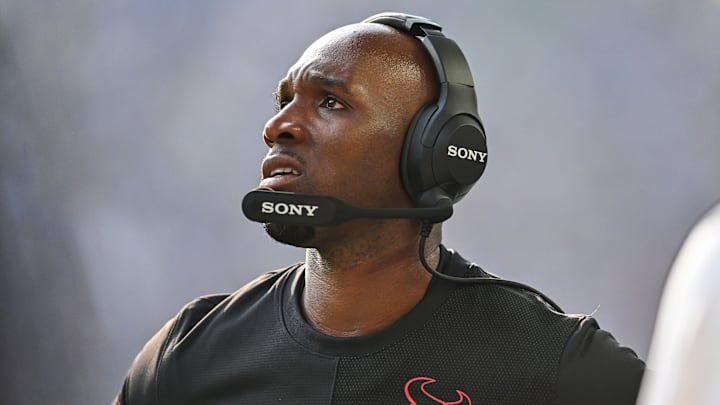Aug 9, 2025; Minneapolis, Minnesota, USA; Houston Texans head coach Demeco Ryans looks on during the fourth quarter against the Minnesota Vikings at U.S. Bank Stadium. Mandatory Credit: Jeffrey Becker-Imagn Images