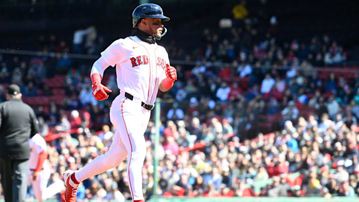 Apr 8, 2026; Boston, Massachusetts, USA; Boston Red Sox center fielder Ceddanne Rafaela (3) runs to third base during the third inning against the Milwaukee Brewers at Fenway Park. Mandatory Credit: Eric Canha-Imagn Images