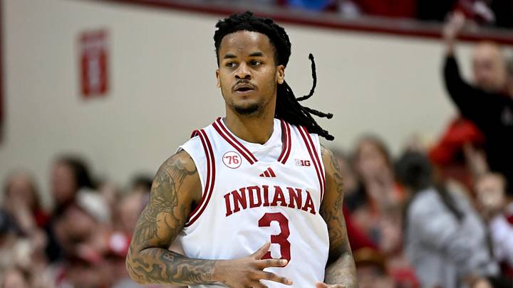 Feb 9, 2026; Bloomington, Indiana, USA; Indiana Hoosiers guard Lamar Wilkerson (3) celebrates after a play against the Oregon Ducks during the first half at Simon Skjodt Assembly Hall. Mandatory Credit: Robert Goddin-Imagn Images