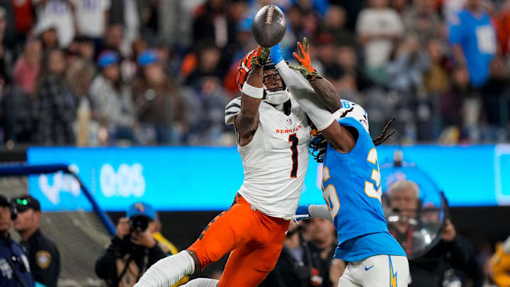 Los Angeles Chargers cornerback Ja'Sir Taylor (36) breaks up a deep pass attempt to Cincinnati Bengals wide receiver Ja'Marr Chase (1) in the fourth quarter of the NFL Week 11 game between the Los Angeles Chargers and the Cincinnati Bengals at SoFi Stadium in Inglewood, Calif., on Sunday, Nov. 17, 2024. The Chargers won 34-27.