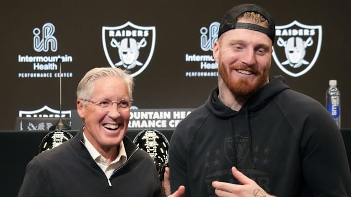 Jan 27, 2025; Las Vegas, NV, USA; Las Vegas Raiders defensive end Maxx Crosby (right) and coach Pete Carroll at press conference at Intermountain Health Performance Center. Mandatory Credit: Kirby Lee-Imagn Images