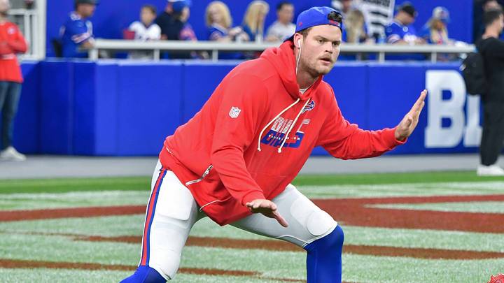 Sep 17, 2026; Orchard Park, New York, USA; Buffalo Bills offensive tackle Spencer Brown (79) warms up before a game against the Detroit Lions Sep 17, 2026; Orchard Park, New York, USA; Buffalo Bills offensive tackle Spencer Brown (79) warms up before a game against the Detroit Lions