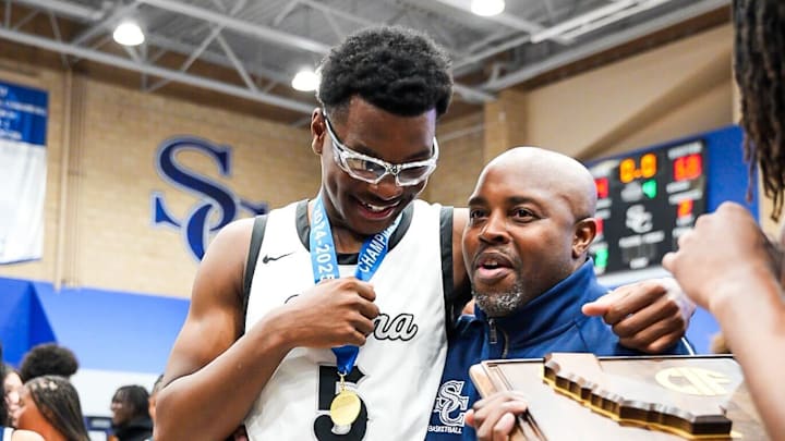 Sierra Canyon’s Bryce James celebrates winning a CIF State Division I SoCal regional final against Redondo Union at home on Tuesday, March 11, 2025.
