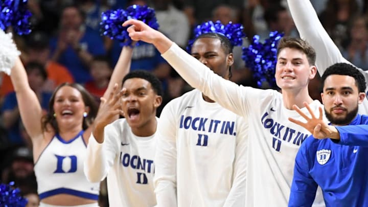 The Duke Blue Devils bench celebrates Saturday, March 21, 2026, during the NCAA Men’s Basketball Tournament second round game against the TCU Horned Frogs at Bon Secours Wellness Arena in Greenville, South Carolina.