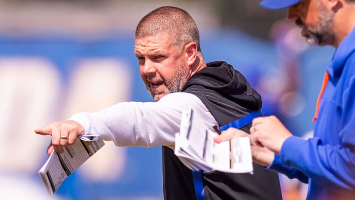 Florida Gators head coach Billy Napier coaches during Fall practice at Sanders Practice Fields in Gainesville, FL on Thursday, August 8, 2024. [Doug Engle/Gainesville Sun]