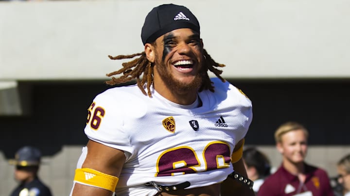 Nov 25, 2022; Tucson, Arizona, USA; Arizona State Sun Devils linebacker James Djonkam (66) reacts against the Arizona Wildcats during the Territorial Cup at Arizona Stadium. Mandatory Credit: Mark J. Rebilas-Imagn Images