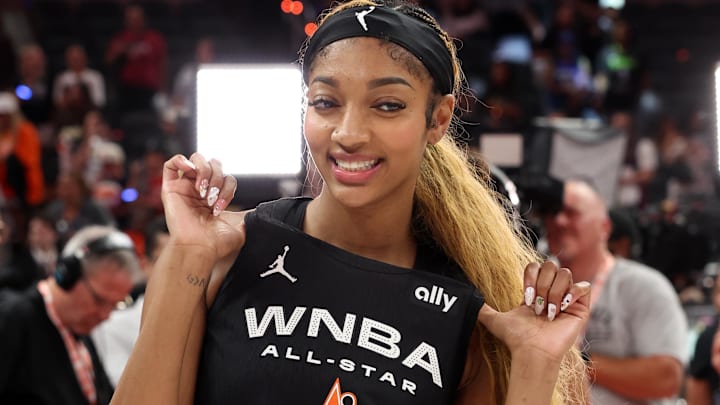 Team Collier forward Angel Reese (5) celebrates after defeating Team Clark in the 2025 WNBA All Star Game at Gainbridge Fieldhouse.