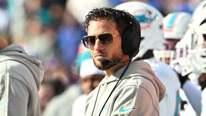 Nov 3, 2024; Orchard Park, New York, USA; Miami Dolphins head coach Mike McDaniel on the sideline in the second quarter game against the Buffalo Bills at Highmark Stadium. Mandatory Credit: Mark Konezny-Imagn Images