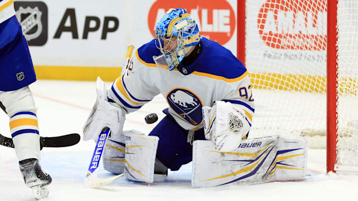 Feb 3, 2026; Tampa, Florida, USA; Buffalo Sabres goaltender Colten Ellis (92) makes a save against the Tampa Bay Lightning during the third period at Benchmark International Arena. Mandatory Credit: Kim Klement Neitzel-Imagn Images