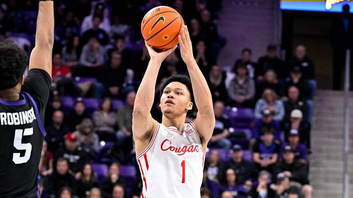 Jan 28, 2026; Fort Worth, Texas, USA; Houston Cougars guard Isiah Harwell (1) makes a jump shot during the game at Ed and Rae Schollmaier Arena.