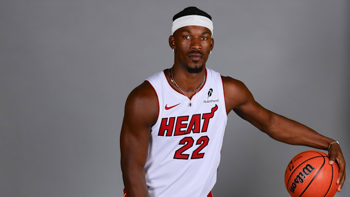 Sep 30, 2024; Miami, FL, USA; Miami Heat forward Jimmy Butler (22) poses for a photo during media day at Kaseya Center Sep 30, 2024; Miami, FL, USA; Miami Heat forward Jimmy Butler (22) poses for a photo during media day at Kaseya Center