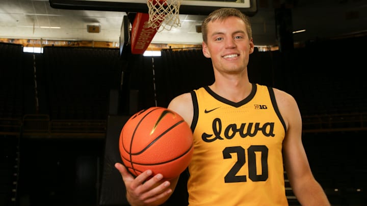 Iowa forward Payton Sandfort (20) pictured during the men’s basketball media day Monday, Oct. 7, 2024 at Carver-Hawkeye Arena in Iowa City, Iowa.