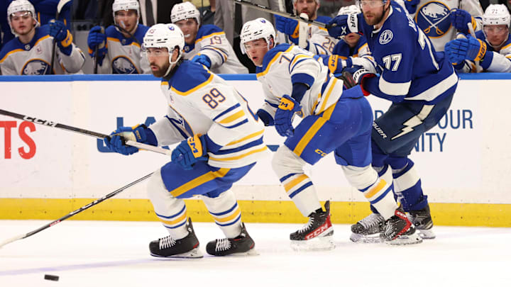 Apr 15, 2024; Tampa, Florida, USA;  Tampa Bay Lightning defenseman Victor Hedman (77), right wing JJ