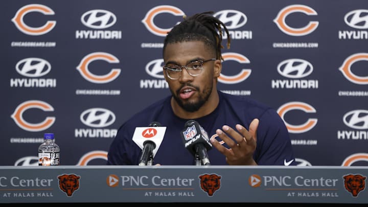 May 7, 2022; Lake Forest, IL, USA; Chicago Bears offensive tackle Braxton Jones speaks at a news conference during team's rookie minicamp at Halas Hall. Mandatory Credit: Kamil Krzaczynski-Imagn Images