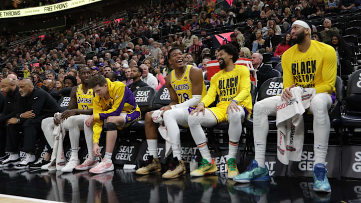 Feb 14, 2024; Salt Lake City, Utah, USA;  Los Angeles Lakers bench laughs