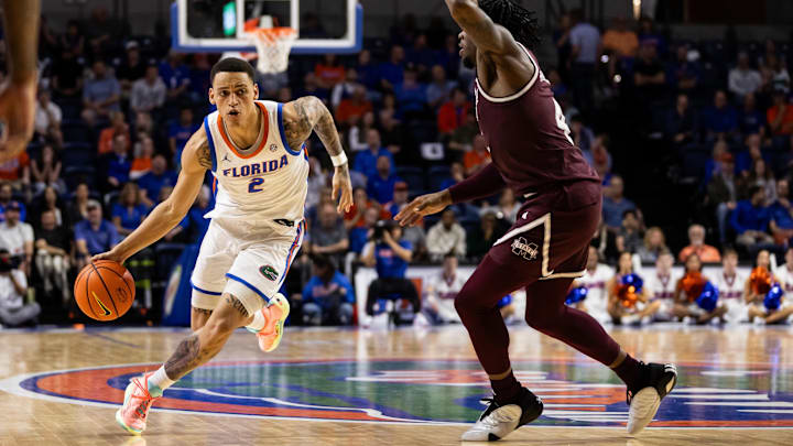 Jan 24, 2024; Gainesville, Florida, USA; Florida Gators guard Riley Kugel (2) drives to the basket