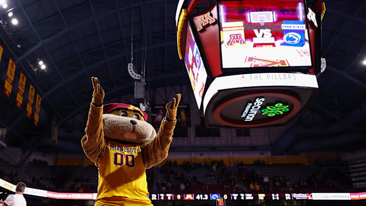 Feb 12, 2022; Minneapolis, Minnesota, USA; Minnesota Gophers mascot Goldy Gopher entertains the crowd prior to the game against the Penn State Nittany Lions at Williams Arena. Mandatory Credit: Harrison Barden-Imagn Images