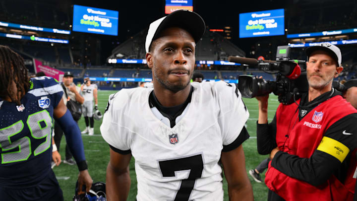 Aug 7, 2025; Seattle, Washington, USA; Las Vegas Raiders quarterback Geno Smith (7) after the game against the Seattle Seahawks at Lumen Field. 