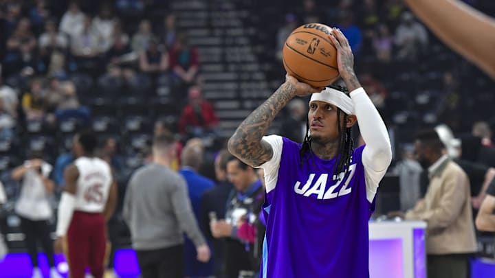 Mar 23, 2025; Salt Lake City, Utah, USA; Utah Jazz guard Jordan Clarkson (00) warms up before the game against the Cleveland Cavaliers at Delta Center. Mandatory Credit: Peter Creveling-Imagn Images