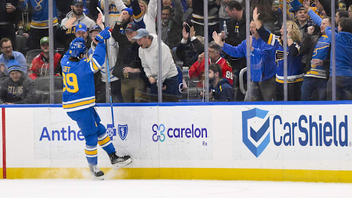 Dec 12, 2025; St. Louis, Missouri, USA; St. Louis Blues right wing Matt Luff (39) reacts after scoring against the Chicago Blackhawks during the first period at Enterprise Center. Mandatory Credit: Jeff Curry-Imagn Images Dec 12, 2025; St. Louis, Missouri, USA; St. Louis Blues right wing Matt Luff (39) reacts after scoring against the Chicago Blackhawks during the first period at Enterprise Center. Mandatory Credit: Jeff Curry-Imagn Images