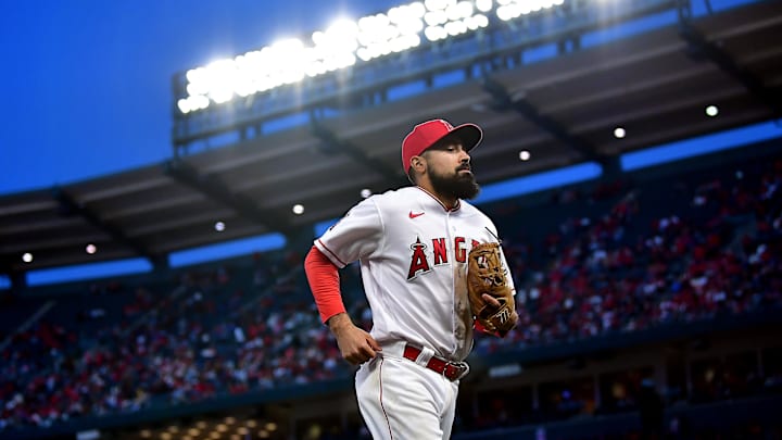 May 5, 2023; Anaheim, California, USA; Los Angeles Angels third baseman Anthony Rendon (6) returns