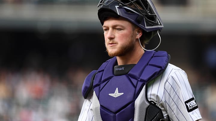 Sep 6, 2025; Denver, Colorado, USA; Colorado Rockies catcher Hunter Goodman (15) during the first inning against the San Diego Padres at Coors Field. Sep 6, 2025; Denver, Colorado, USA; Colorado Rockies catcher Hunter Goodman (15) during the first inning against the San Diego Padres at Coors Field.
