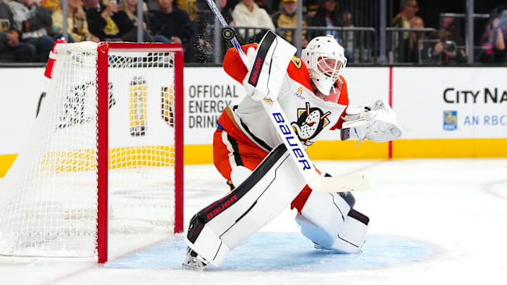 Oct 13, 2024; Las Vegas, Nevada, USA; Anaheim Ducks goaltender James Reimer (47) makes a save with his stick against the Vegas Golden Knights during the second period at T-Mobile Arena. Mandatory Credit: Stephen R. Sylvanie-Imagn Images