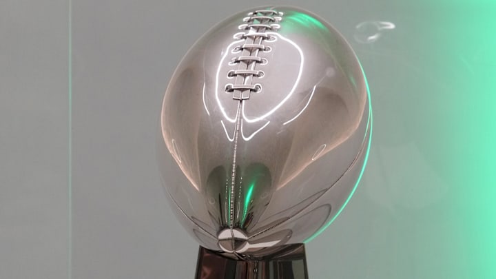 Sep 27, 2025; Dublin, Ireland; A Vince Lombardi trophy at the Super Bowl Gallery at Dublin City Hall. Mandatory Credit: Kirby Lee-Imagn Images