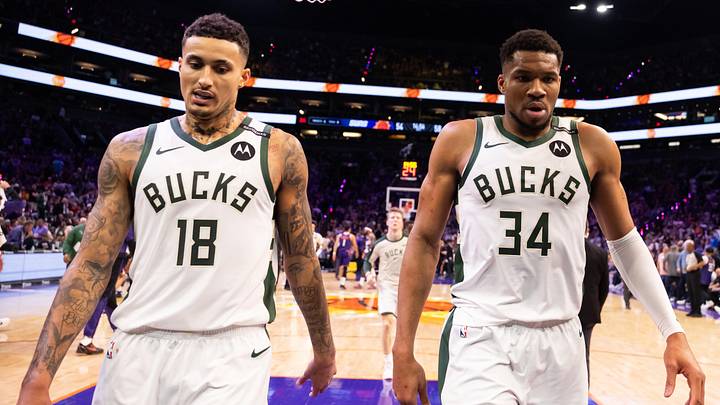 Mar 24, 2025; Phoenix, Arizona, USA; Milwaukee Bucks forward Kyle Kuzma (18) and forward Giannis Antetokounmpo (34) against the Phoenix Suns at Footprint Center. Mandatory Credit: Mark J. Rebilas-Imagn Images