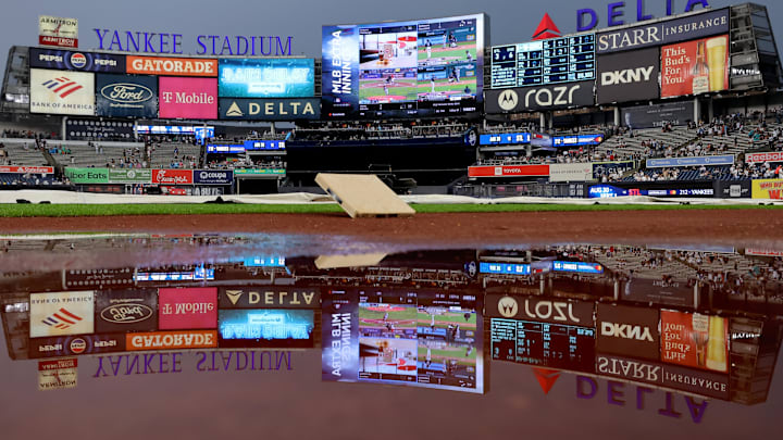 Aug 2, 2024; Bronx, New York, USA; General view of Yankee Stadium during a rain delay before a game between the New York Yankees and Toronto Blue Jays. Mandatory Credit: Brad Penner-Imagn Images