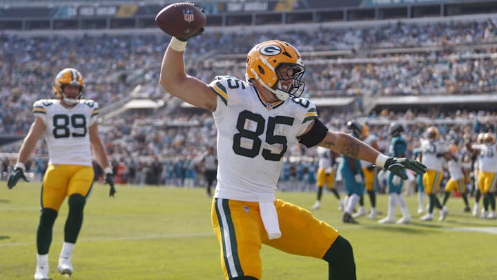 Green Bay Packers tight end Tucker Kraft (85) celebrates a touchdown against the Jacksonville Jaguars. Green Bay Packers tight end Tucker Kraft (85) celebrates a touchdown against the Jacksonville Jaguars.