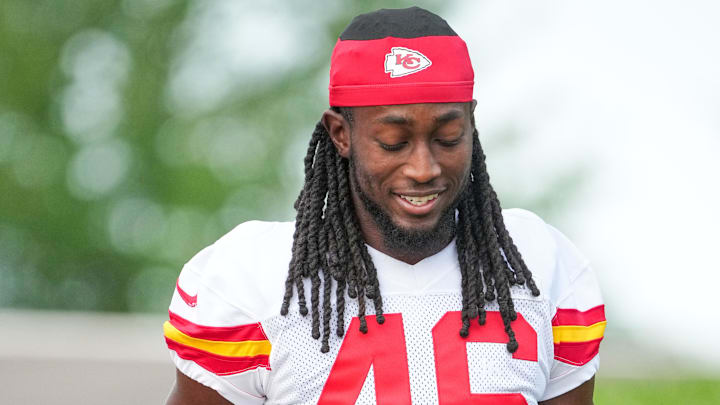 Jul 22, 2025; St. Joseph, MO, USA; Kansas City Chiefs cornerback Darius Rush (46) walks down the hill to the practice fields during training camp at Missouri Western State University. Mandatory Credit: Denny Medley-Imagn Images