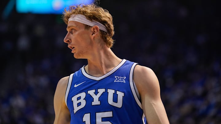 Jan 24, 2026; Provo, Utah, USA; BYU Cougars guard Richie Saunders (15) looks on during the first half against the Utah Utes at Marriott Center. Mandatory Credit: Aaron Baker-Imagn Images