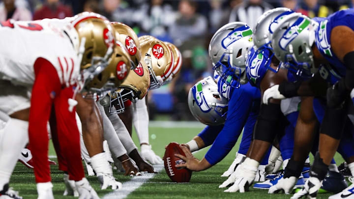 Oct 10, 2024; Seattle, Washington, USA; Seattle Seahawks special teams players line up for an extra point attempt against the San Francisco 49ers during the fourth quarter at Lumen Field. Oct 10, 2024; Seattle, Washington, USA; Seattle Seahawks special teams players line up for an extra point attempt against the San Francisco 49ers during the fourth quarter at Lumen Field.