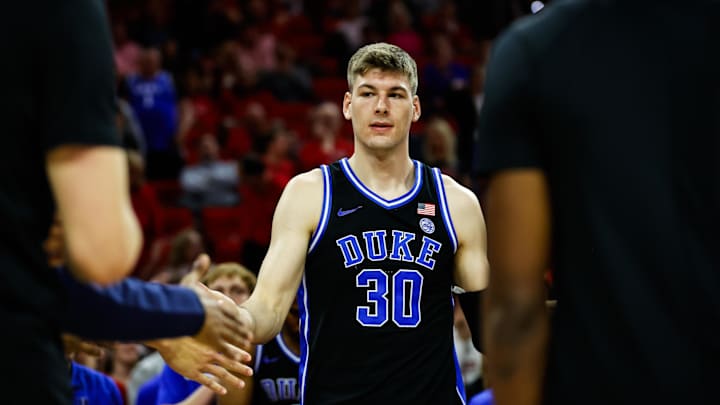 Mar 4, 2024; Raleigh, North Carolina, USA;  Duke Blue Devils center Kyle Filipowski (30) walks out