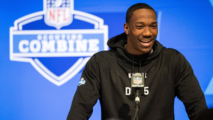 Feb 29, 2024; Indianapolis, IN, USA; Notre Dame defensive back Cam Hart (DB15) talks to the media