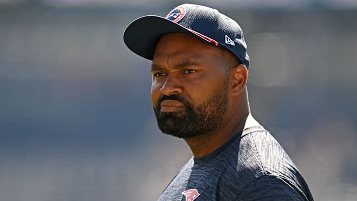 Sep 15, 2024; Foxborough, Massachusetts, USA; New England Patriots head coach Jerod Mayo watches warmups before a game against the Seattle Seahawks at Gillette Stadium. Mandatory Credit: Brian Fluharty-Imagn Images