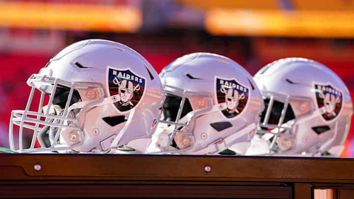 Nov 29, 2024; Kansas City, Missouri, USA; A general view of Las Vegas Raiders helmets against the Kansas City Chiefs prior to a game at GEHA Field at Arrowhead Stadium. Mandatory Credit: Denny Medley-Imagn Images