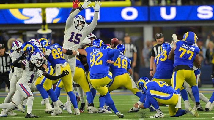 Oct 12, 2026; Inglewood, California, USA; Buffalo Bills linebacker Greg Rousseau (15) blocks a field goal from Los Angeles Rams place kicker Harrison Mevis (92) during overtime at SoFi Stadium. Mandatory Credit: Jayne Kamin-Oncea-Imagn Images Oct 12, 2026; Inglewood, California, USA; Buffalo Bills linebacker Greg Rousseau (15) blocks a field goal from Los Angeles Rams place kicker Harrison Mevis (92) during overtime at SoFi Stadium. Mandatory Credit: Jayne Kamin-Oncea-Imagn Images