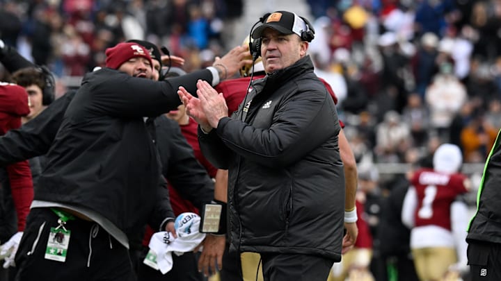 Nov 23, 2024; Chestnut Hill, Massachusetts, USA;  Boston College Eagles head coach Bill O'Brien reacts to a touchdown against the North Carolina Tar Heels during the first half at Alumni Stadium. Mandatory Credit: Eric Canha-Imagn Images