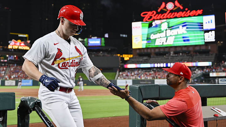 Aug 1, 2023; St. Louis, Missouri, USA;  St. Louis Cardinals left fielder Tyler O'Neill (27) is