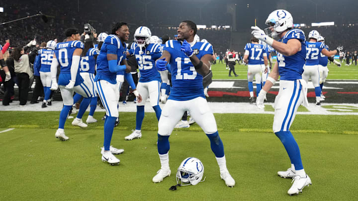 Nov 9, 2025; Berlin, Germany; Indianapolis Colts cornerback Sauce Gardner (1), wide receiver Laquon Treadwell (13) and wide receiver Alec Pierce (14)] celebrate after overtime win over the Atlanta Falcons in the NFL Berlin Game at Olympic Stadium. 