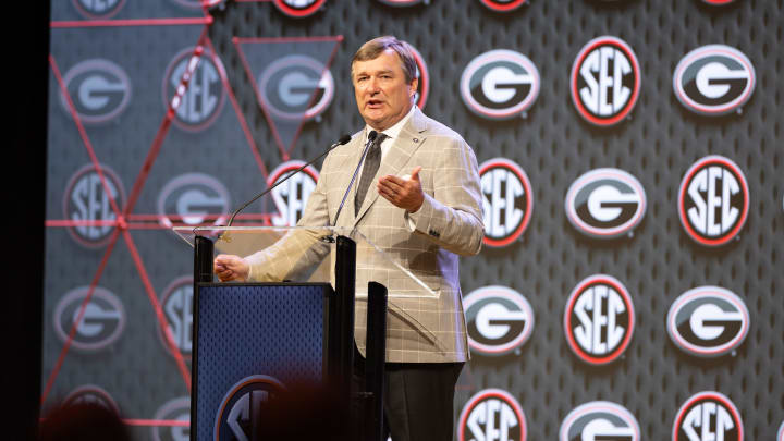 Jul 16, 2024; Dallas, TX, USA; Georgia head coach Kirby Smart speaking at Omni Dallas Hotel. Mandatory Credit: Brett Patzke-USA TODAY Sports