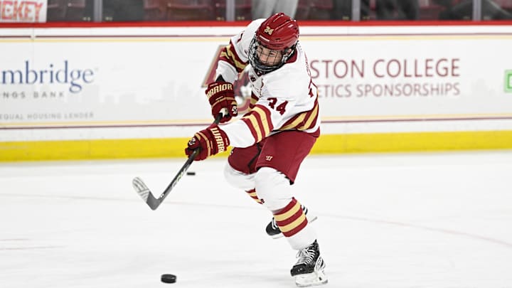 Feb 28, 2025; Chestnut Hill, MA, USA; Boston College forward Gabe Perreault (34) warms up before a game against the University of New Hampshire Wildcats at Conte Forum. Mandatory Credit: Eric Canha-Imagn Images Feb 28, 2025; Chestnut Hill, MA, USA; Boston College forward Gabe Perreault (34) warms up before a game against the University of New Hampshire Wildcats at Conte Forum. Mandatory Credit: Eric Canha-Imagn Images