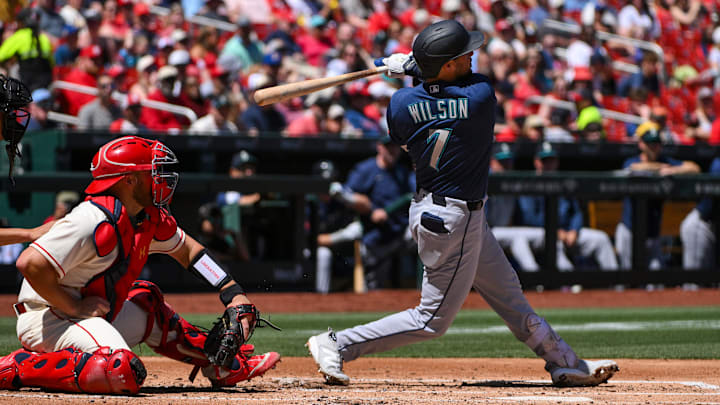 Apr 25, 2026: Seattle Mariners third baseman Will Wilson (7) hits a two home run against the St. Louis Cardinals during the second inning at Busch Stadium. 