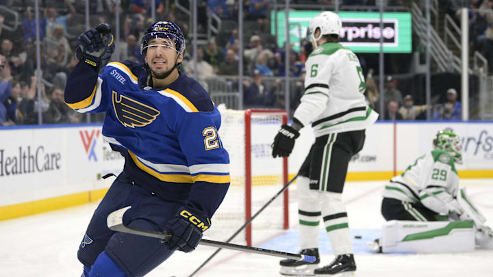 Oct 18, 2025; St. Louis, Missouri, USA; St. Louis Blues right wing Jordan Kyrou (25) reacts after scoring against the Dallas Stars during the second period at Enterprise Center. Mandatory Credit: Jeff Le-Imagn Images Oct 18, 2025; St. Louis, Missouri, USA; St. Louis Blues right wing Jordan Kyrou (25) reacts after scoring against the Dallas Stars during the second period at Enterprise Center. Mandatory Credit: Jeff Le-Imagn Images