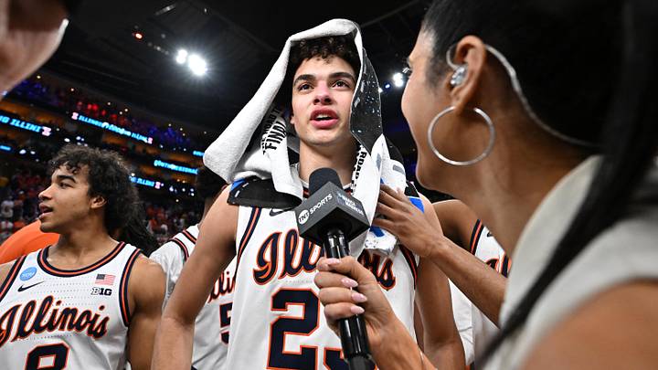 Mar 28, 2026; Houston, TX, USA; Illinois Fighting Illini guard Keaton Wagler (23) speaks to media after defeating the Iowa Hawkeyes in an Elite Eight game of the South Regional of the men's 2026 NCAA Tournament at Toyota Center. Mandatory Credit: Maria Lysaker-Imagn Images